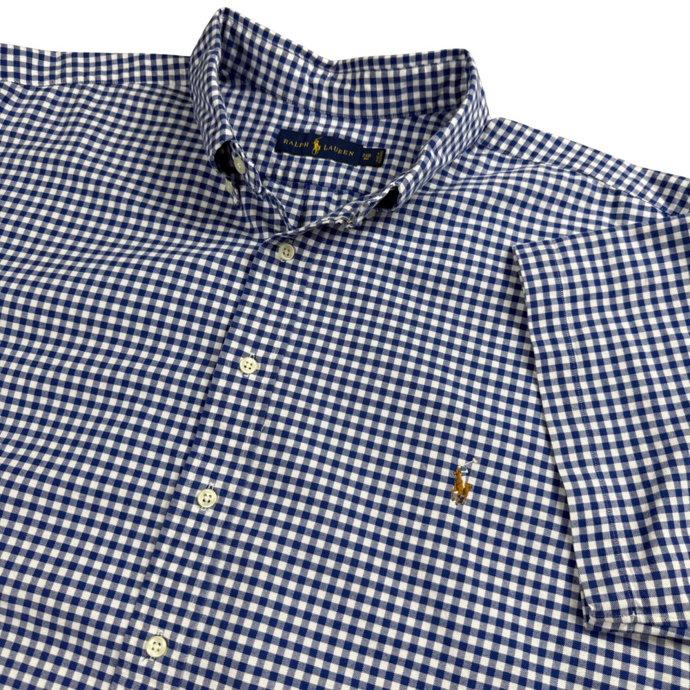 Ralph Lauren Gingham Shirt Mens 2XB Big Blue White Short Sleeve Cotton Pony Logo